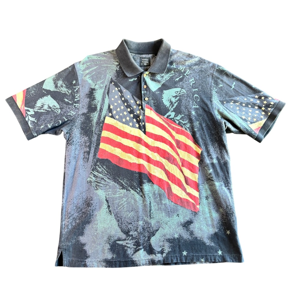 Cotton Traders Sport Mens XL Jefferson-15 American‎ Flag Eagle Polo Shirt Navy